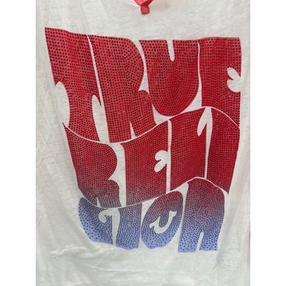 True Religion Womens Red White Rhinestone Logo Raglan 3/4 Sleeve Top M NWOT